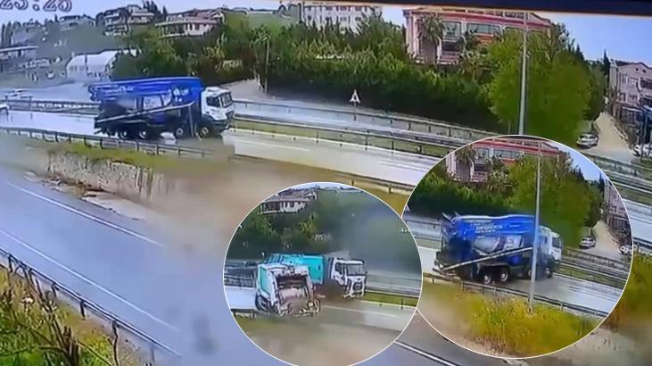 Büyükçekmece’de kayganlaşan yolda 3 kamyon kaydı, facianın eşiğinden dönüldü