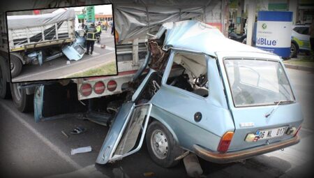 Aksaray’da feci kaza! TIR’a çarpan araba hurdaya döndü