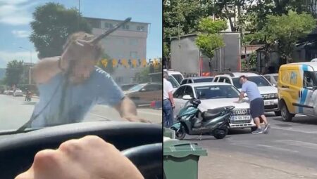 Dehşet anları! Aracın önünü kesti, sileceği kırıp cama yumruk attı